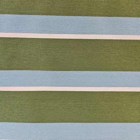 Close-up of fabric with horizontal stripes in green, blue, and beige.