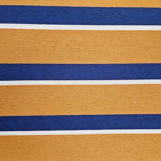 Close-up of fabric with horizontal stripes in gold, blue, and white.