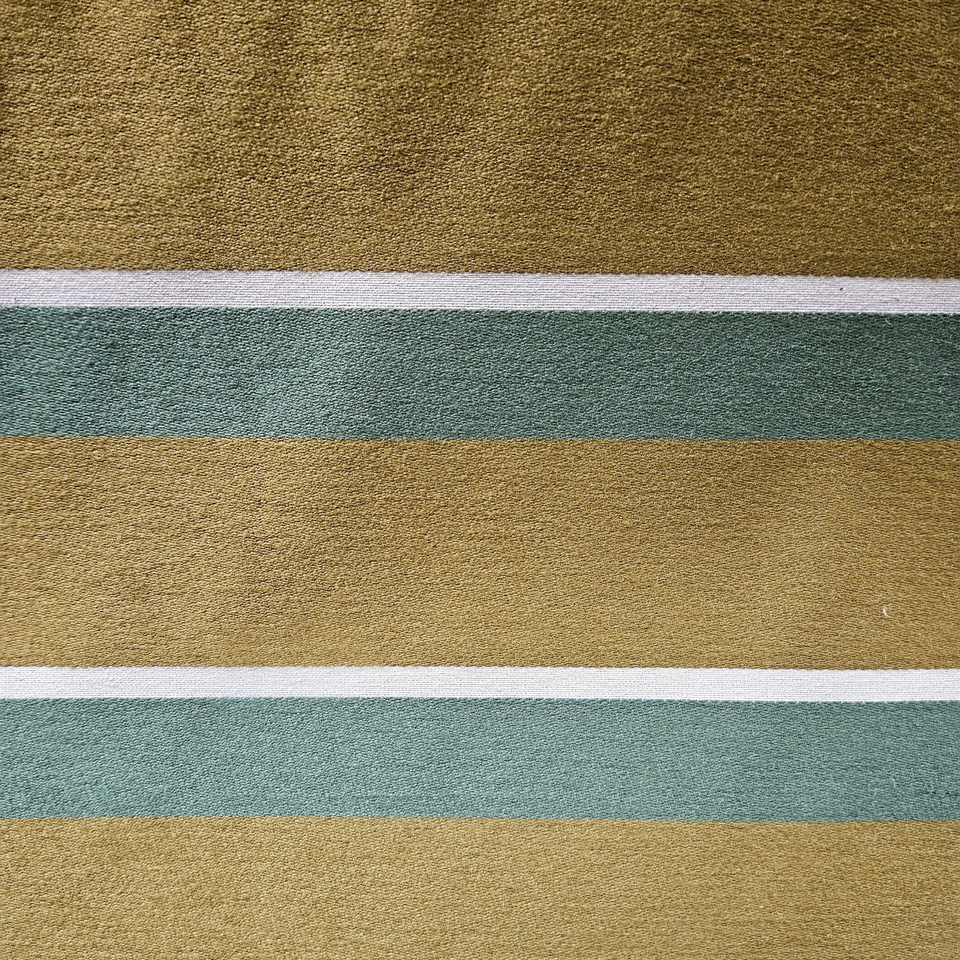 Close-up of fabric with horizontal stripes in green, brown, and white.