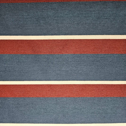Textured fabric with horizontal stripes in red, blue, and beige.